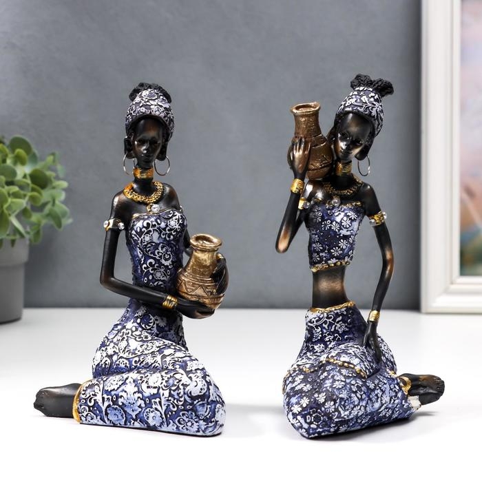 Сувенир полистоун  Сувенир полистоун "Африканка Амади" синее платье с узорами МИКС 19х11х7,7 см