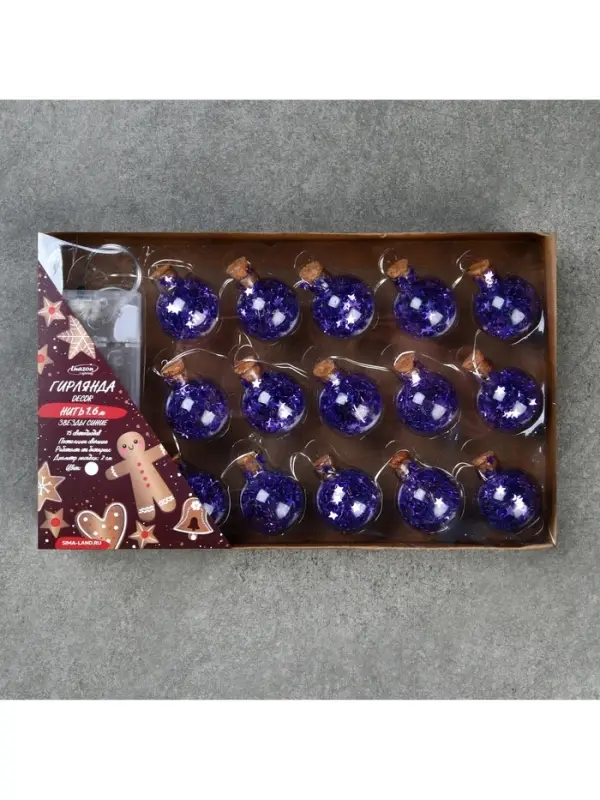 Гирлянда &laquo;Нить&raquo; 1.6 м с насадками &laquo;Синие шарики&raquo;, IP20, серебристая нить, 15 LED, от батареек АА&times;2, свечение белое