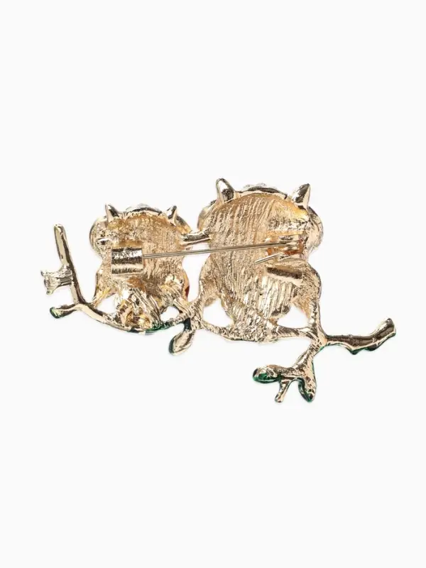 Брошь &laquo;Совы&raquo; на ветке, цветная в золоте