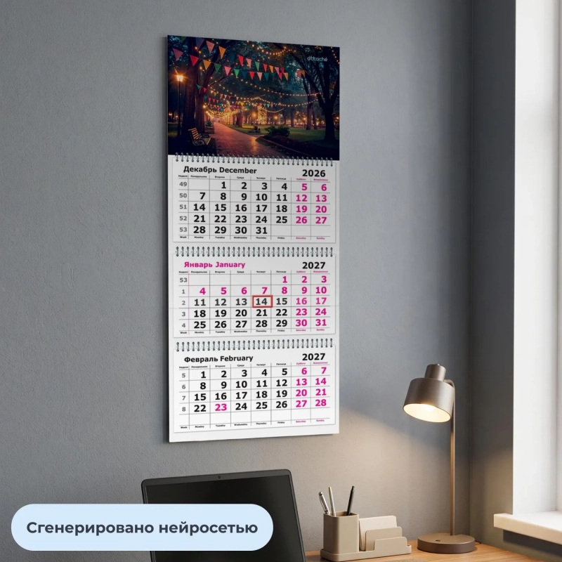 Календарь настенный 3-х блочный 2027 Attache ночной парк 305х675мм