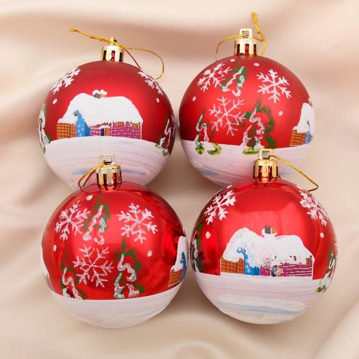 Набор шаров пластик d-7 см, 4 шт Набор шаров пластик d-7 см, 4 шт "Избушка" красный