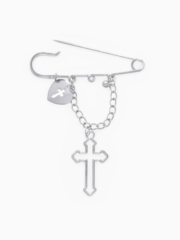 Булавка «Крест» и сердце, цвет серебро