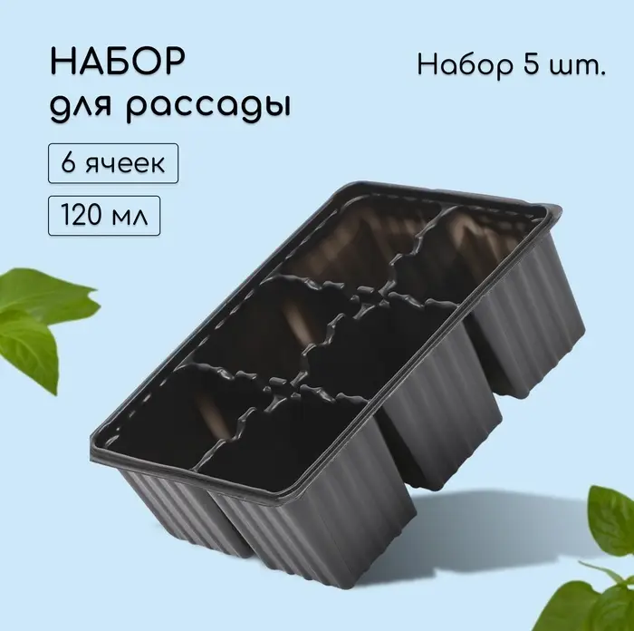 Кассета для рассады, 6 ячеек по 120 мл, пластик, чёрная, набор 5 шт.