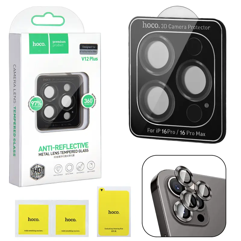 Защитное стекло на линзы камеры iPhone 16 Pro/16 Pro Max V12 plus 3D Hoco Black Защитное стекло на линзы камеры iPhone 16 Pro/16 Pro Max V12 plus 3D Hoco Black
