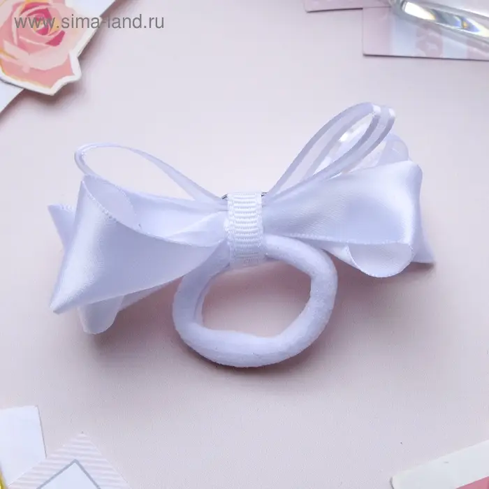 Резинка для волос "Школьница" бант жемчужинки на лентах, 7,5 см, белый