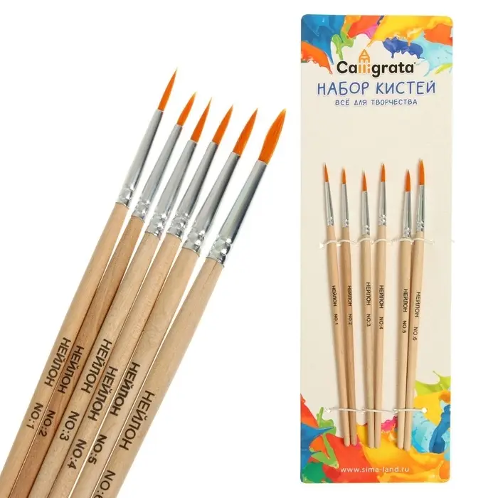 Набор кистей для рисования, нейлон, 6 штук: №1, 2, 3, 4, 5, 6, круглые, деревянная ручка, международный размер