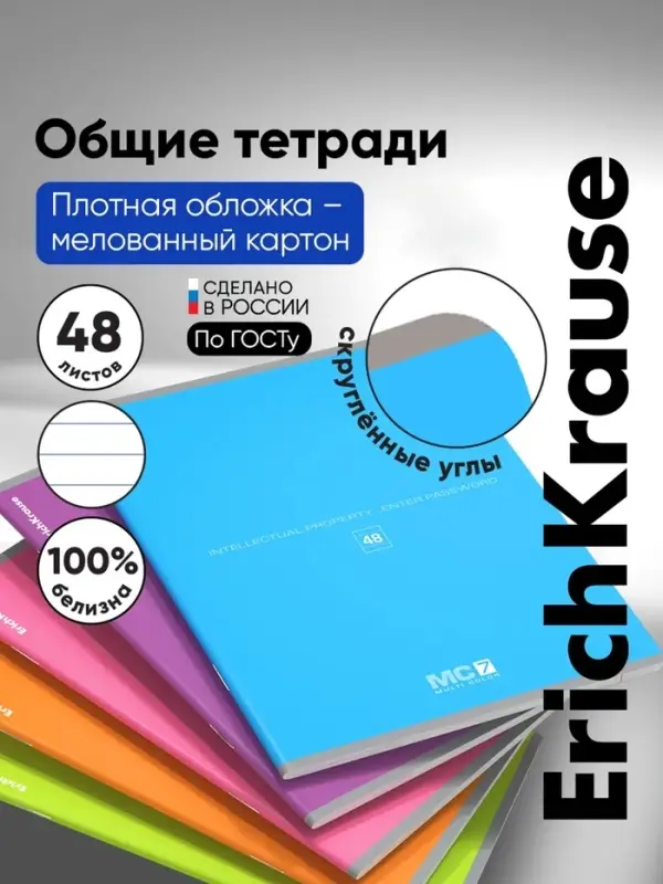 Тетрадь 48 листов в линейку ErichKrause, обложка мелованный картон, блок офсет, 100% белизна, МИКС