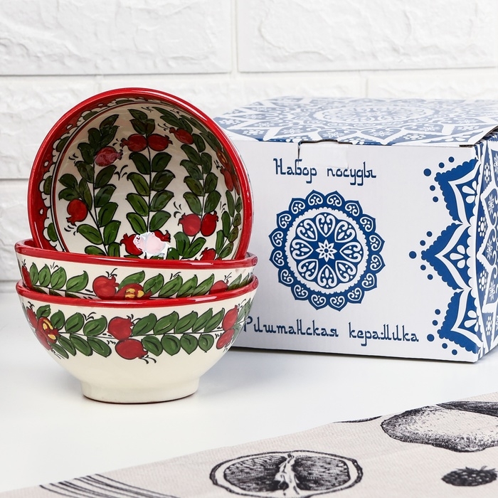 Набор салатников Риштанская керамика Набор салатников Риштанская керамика "Гранаты" 15 см, 3 шт, в подарочной упаковке