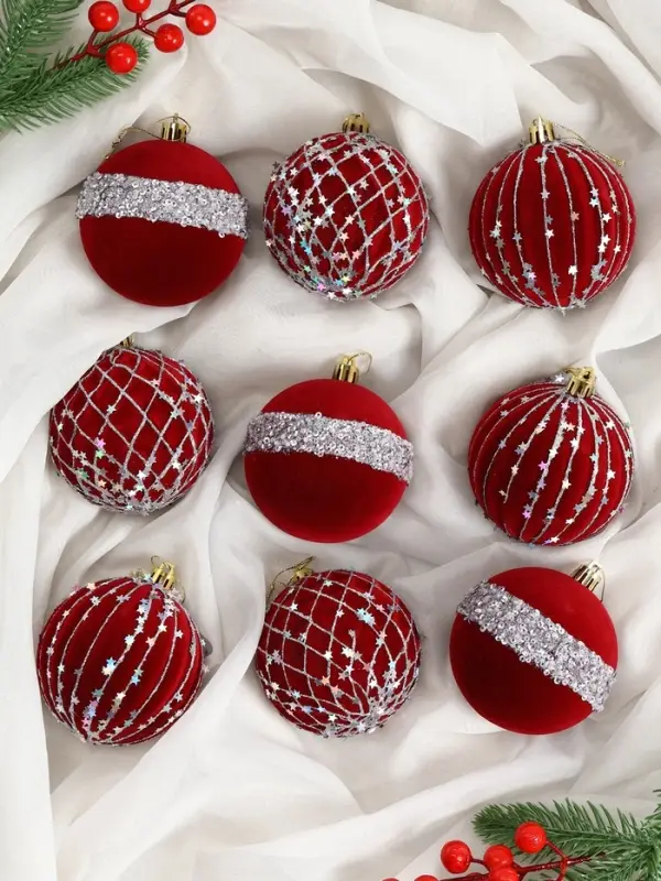 Набор шаров пластик d-8 см, 9 шт Набор шаров пластик d-8 см, 9 шт "Бархат. Фестиваль" сеточка звёзды, красный