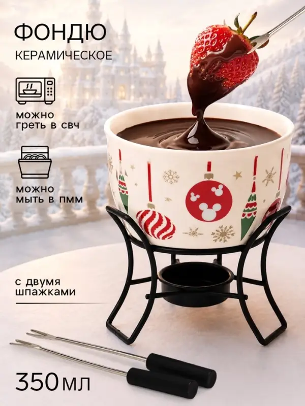 Фондю керамическое новогоднее, 2 шпажки, &laquo;Мышка. Елочные шары&raquo;
