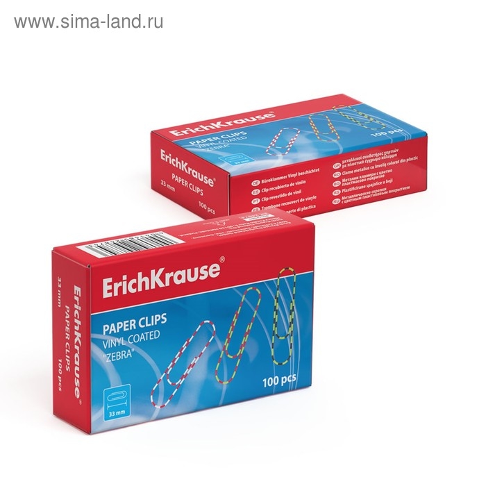 Скрепки канцелярские 33мм, 100шт, цветные с виниловым покрытием  Скрепки канцелярские 33мм, 100шт, цветные с виниловым покрытием "Зебра", Erich Krause, картонная упаковка