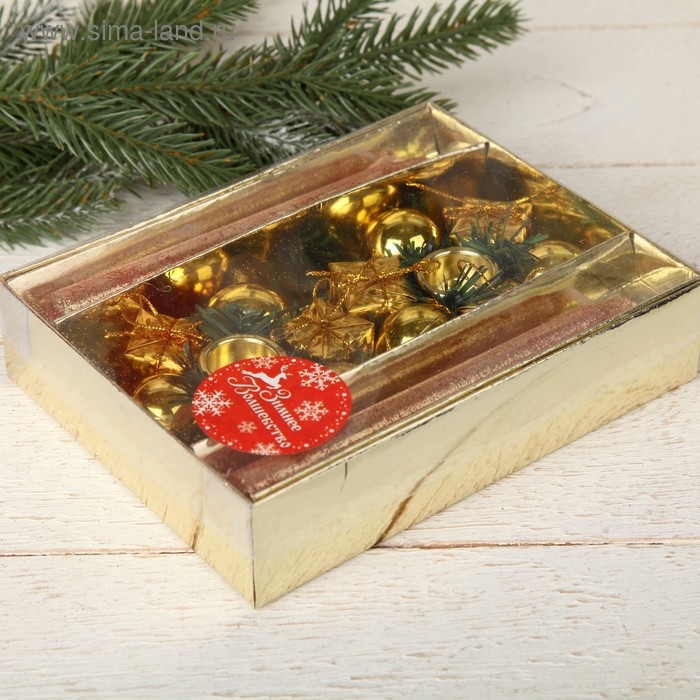 Свеча новогодняя с подсвечником  Свеча новогодняя с подсвечником "Шары и подарки" (набор 4 шт) 4х13,5х17 см, золото