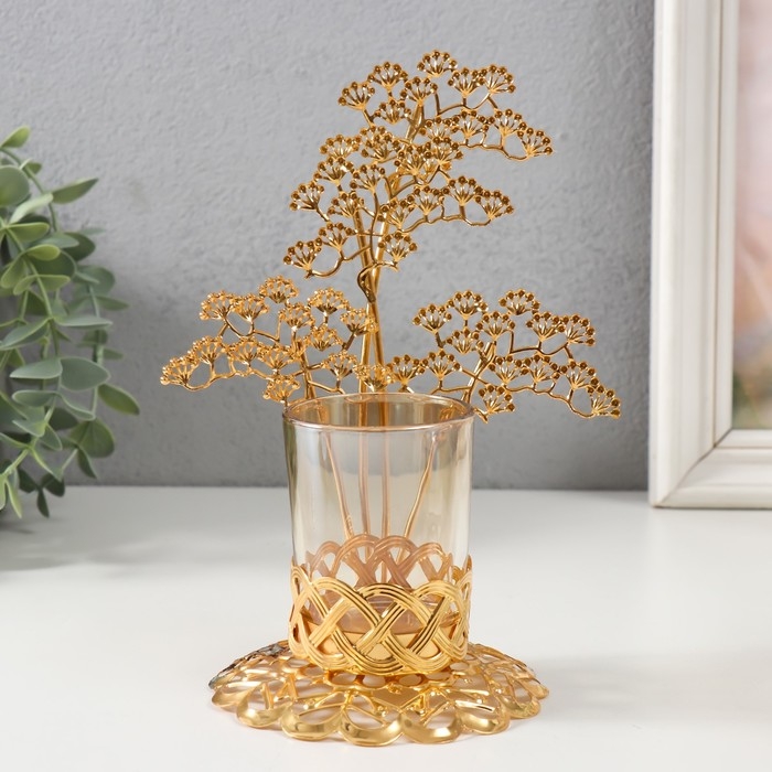 Подсвечник металл, стекло на 1 свечу Подсвечник металл, стекло на 1 свечу "Ветви деревца" d=4,7 см, золото 12,3х13,5х20 см