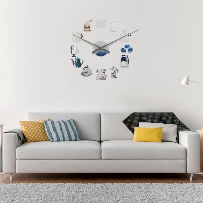 Часы настенные интерьерные большие для кухни, 3d  Часы настенные интерьерные большие для кухни, 3d "Время кофе", наклейка, d-120 см