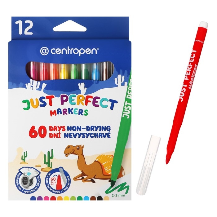 Фломастеры 12 цветов Centropen 2510 Perfect, 3.9 мм невысыхаемые, картонная упаковка, европодвес Фломастеры 12 цветов Centropen 2510 Perfect, 3.9 мм невысыхаемые, картонная упаковка, европодвес