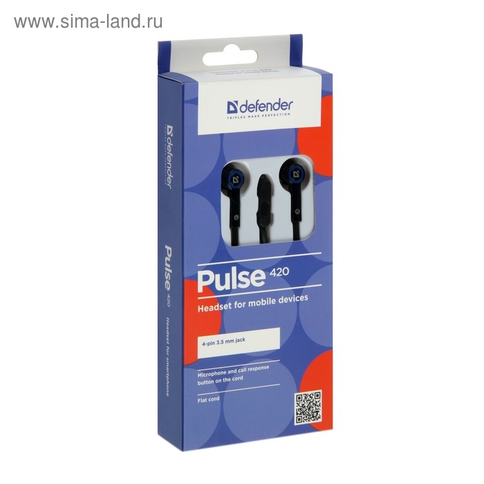 Наушники Defender Pulse 420, вакуумные, микрофон, 105 дБ, 32 Ом, 3.5 мм, 1.2 м, чёрно-синие Наушники Defender Pulse 420, вакуумные, микрофон, 105 дБ, 32 Ом, 3.5 мм, 1.2 м, чёрно-синие