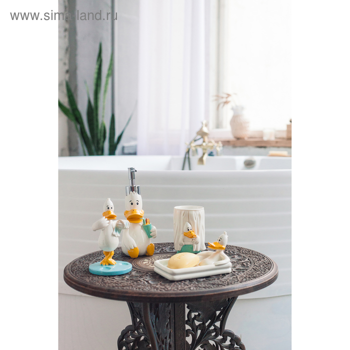 Набор аксессуаров для ванной комнаты «Утиные истории», 4 предмета (дозатор 200 мл, мыльница, стакан, подставка для щёток), цвет белый Набор аксессуаров для ванной комнаты «Утиные истории», 4 предмета (дозатор 200 мл, мыльница, стакан, подставка для щёток), цвет белый