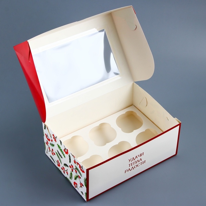 Новый год. Коробка для 6 капкейков с окном подарочная новогодняя упаковк  Новый год. Коробка для 6 капкейков с окном подарочная новогодняя упаковк "Верь в чудеса", 25 х 17 х 10 см.