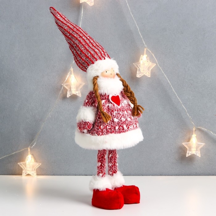 Кукла интерьерная Кукла интерьерная "Малышка Тося в красном вязаном платье с сердечком" 45х18х11 см