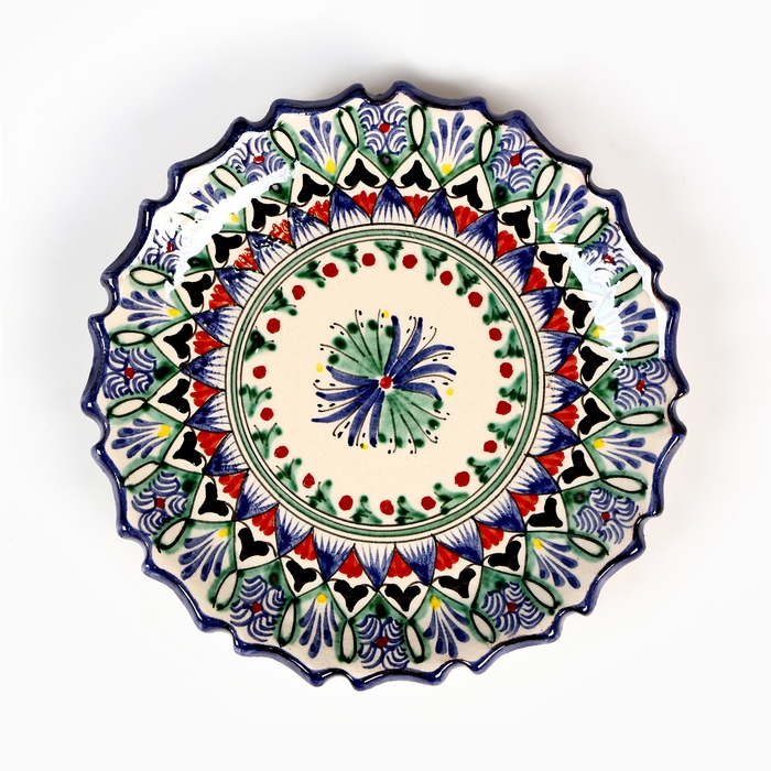 Тарелка Риштанская Керамика Тарелка Риштанская Керамика "Цветы", синяя, рельефная, 15 см