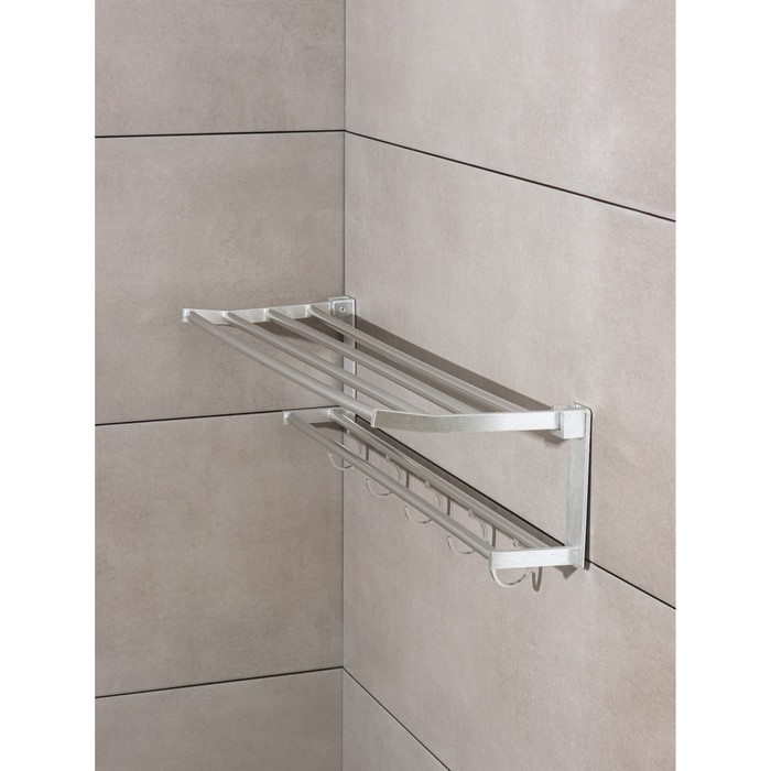 Полка откидная с держателем полотенец, 5 двигающихся крючков, 59,5×20,5×15 см, алюминий Полка откидная с держателем полотенец, 5 двигающихся крючков, 59,5×20,5×15 см, алюминий