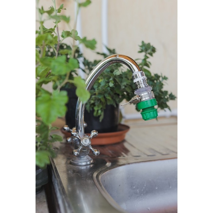 Коннектор с хомутом, крепление на кран 1/2" (12 мм), цанговое соединение 1/2" (12 мм), пластик, резина, Greengo