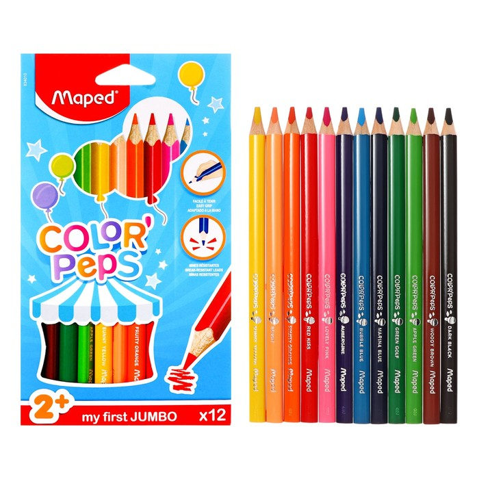 Карандаши трёхгранные, 12 цветов, Maped Color Peps Maxi, утолщённые, европодвес Карандаши трёхгранные, 12 цветов, Maped Color Peps Maxi, утолщённые, европодвес