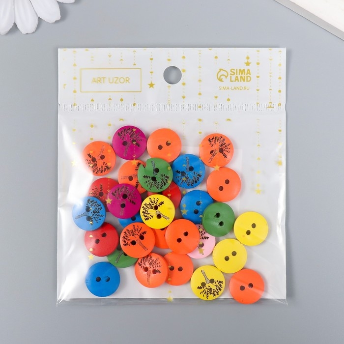 Пуговицы дерево для творчества 2 прокола Пуговицы дерево для творчества 2 прокола "Деревце" набор 30 шт 1,5х1,5х0,3 см МИКС
