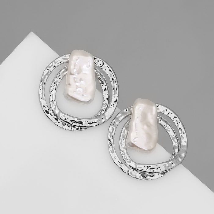 Серьги с жемчугом «Бусина» двойной круг, цвет серебро Серьги с жемчугом «Бусина» двойной круг, цвет серебро