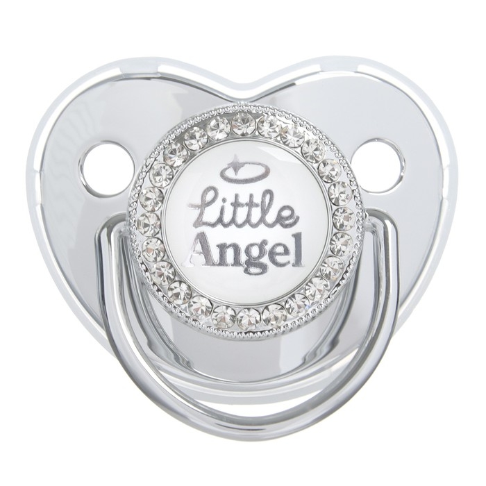 Соска - пустышка силиконовая ортодонтическая «LITTLE ANGEL», от 6 мес., с колпачком + держатель - цепочка, цвет серебренный, стразы Соска - пустышка силиконовая ортодонтическая «LITTLE ANGEL», от 6 мес., с колпачком + держатель - цепочка, цвет серебренный, стразы