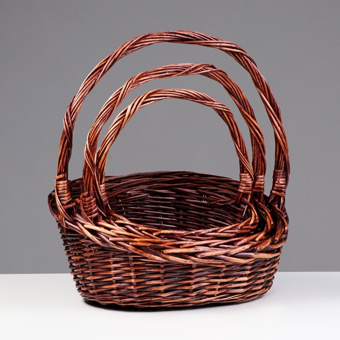 Набор плетеных корзин, 3 шт, 38х30х9/17, 25х20х7/12 см, темный, ива Набор плетеных корзин, 3 шт, 38х30х9/17, 25х20х7/12 см, темный, ива