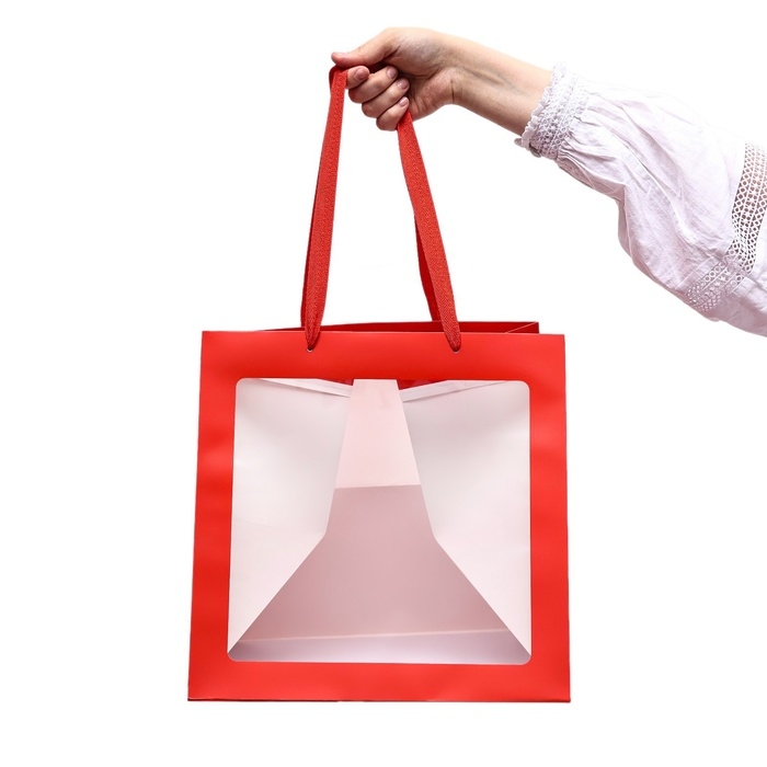 Пакет крафт с квадратным дном и окном, 30 х 30 х 30 см, красный Пакет крафт с квадратным дном и окном, 30 х 30 х 30 см, красный