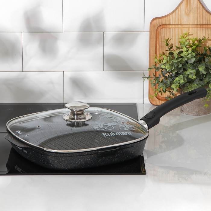 Сковорода-гриль квадратная Granit ultra, 28&times;28 см, съёмная ручка, стеклянная крышка, антипригарное покрытие, цвет чёрный