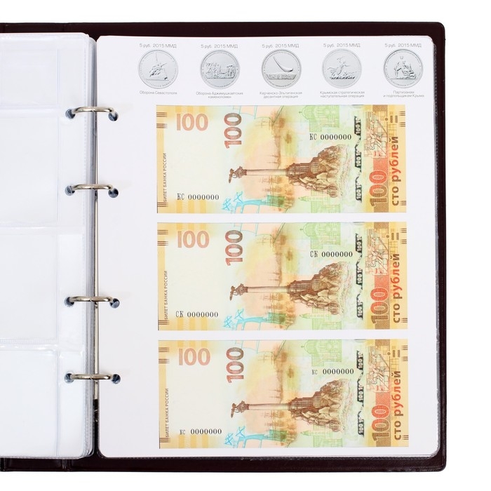 Альбом для монет на кольцах 225 х 265 мм,  Альбом для монет на кольцах 225 х 265 мм, "Памятные монеты РФ", обложка ПВХ, 13 листов и 13 цветных картонных вставок, коричневый