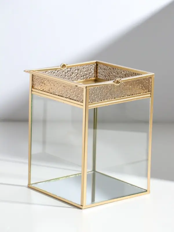 Подсвечник стекло, металл "Капли сверху" золотой 13,5х13,5х19 см