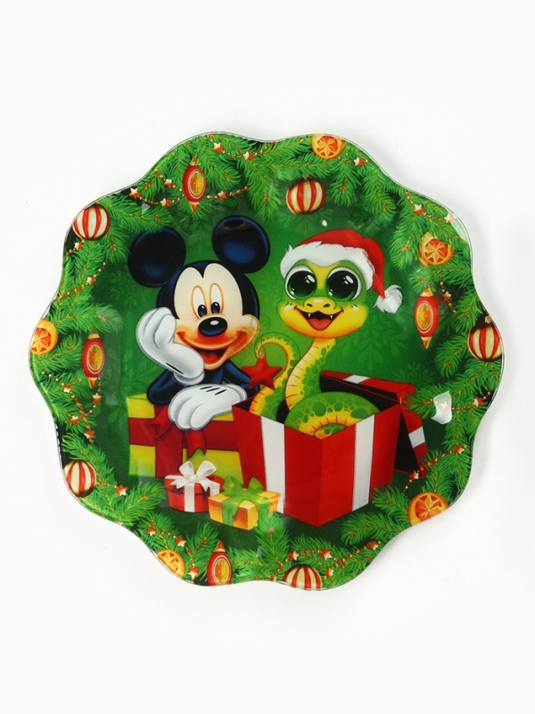 Тарелка стеклянная новогодняя символ года 2025 Змея «Новогодний сюрприз», Микки Маус, 23 см Тарелка стеклянная новогодняя символ года 2025 Змея «Новогодний сюрприз», Микки Маус, 23 см