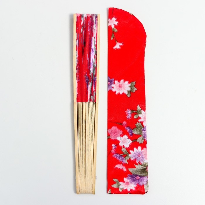Веер бамбук, текстиль h=21 см  Веер бамбук, текстиль h=21 см "Цветы" с чехлом, красный