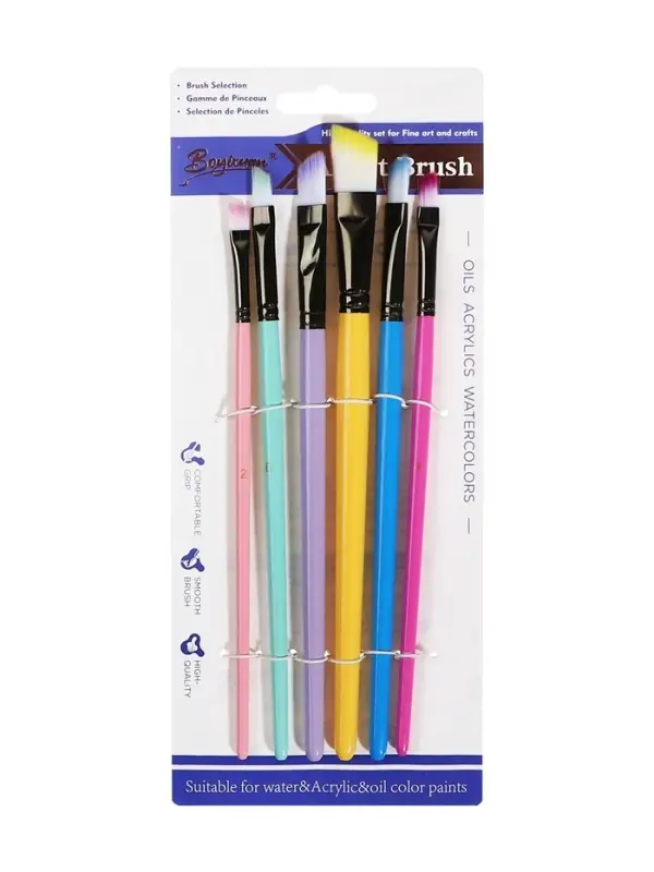 Набор кистей для рисования, синтетика, 6 штук: № 2, 4, 6, 8, 10, 12, плоские, скошенные, с цветными ручками, международный размер