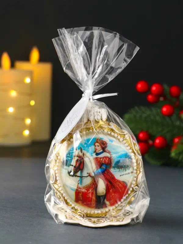 Свеча новогодняя "Шар узорный. Княгиня на коне" золотой 7,2х3,8х8,5 см