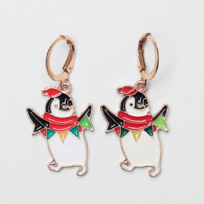 Новый год! Серьги «Пингвин» с гирляндой, цветные в золоте Новый год! Серьги «Пингвин» с гирляндой, цветные в золоте