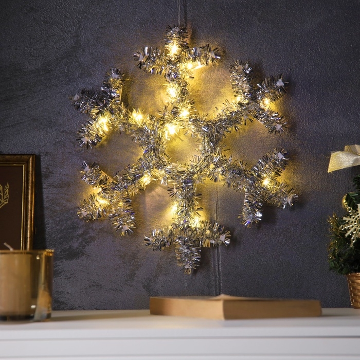 Фигура из мишуры  Фигура из мишуры "Снежинка серебристая" 32х2 см, 20 LED, AG10х3 (в компл), Т/БЕЛЫЙ