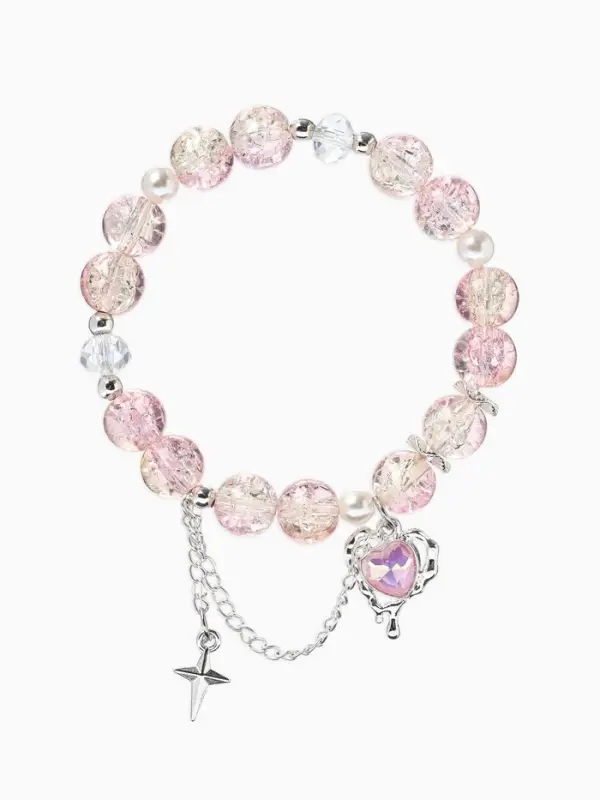 Браслет с подвесками &laquo;Сахарный. Сердце, искра&raquo;, d=6 см, шар № 10/8, розовый, бежевый в серебре