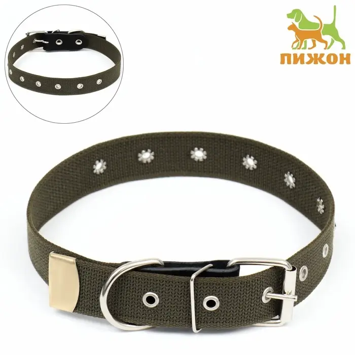 Ошейник брезентовый однослойный, безразмерный, 72&times;3.5 см, ОШ 45-60 см, хаки