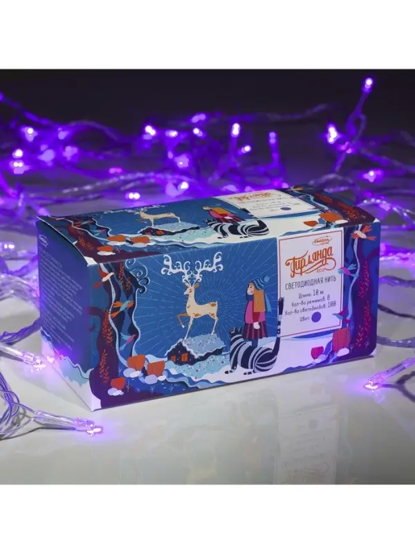 Гирлянда &laquo;Нить&raquo; 10 м, IP20, прозрачная нить, 100 LED, 8 режимов, 220 В, свечение фиолетовое