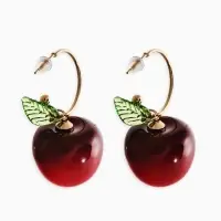 Серьги-кольца "Черешня с листочком", цвет бордовый в золоте Серьги-кольца "Черешня с листочком", цвет бордовый в золоте
