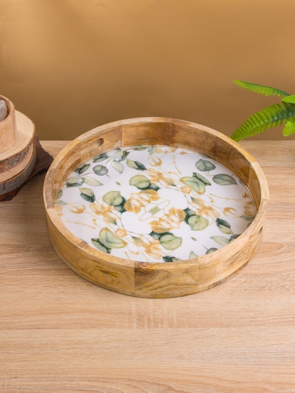 Поднос круглый с бортиками Поднос круглый с бортиками "Листья" дерево манго 35х35х6,5 см