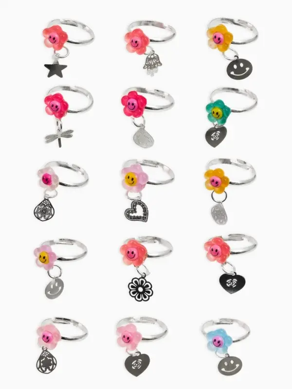 Кольцо «Выбражулька», цветок смайлик с подвеской, безразмерное, МИКС, фасовка 36 шт. Кольцо «Выбражулька», цветок смайлик с подвеской, безразмерное, МИКС, фасовка 36 шт.