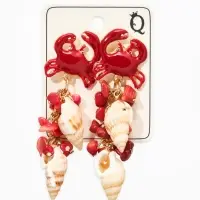 Серьги "Морской мир" краб с ракушками, цвет красный в золоте