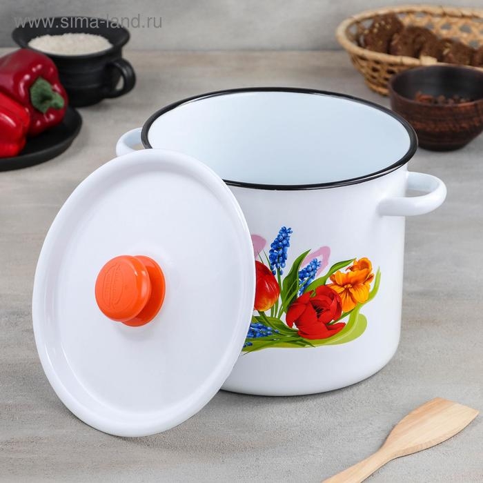 Кастрюля эмалированная цилиндрическая «Тюльпан Май», 5,5 л, с кнопкой, цвет белый Кастрюля эмалированная цилиндрическая «Тюльпан Май», 5,5 л, с кнопкой, цвет белый