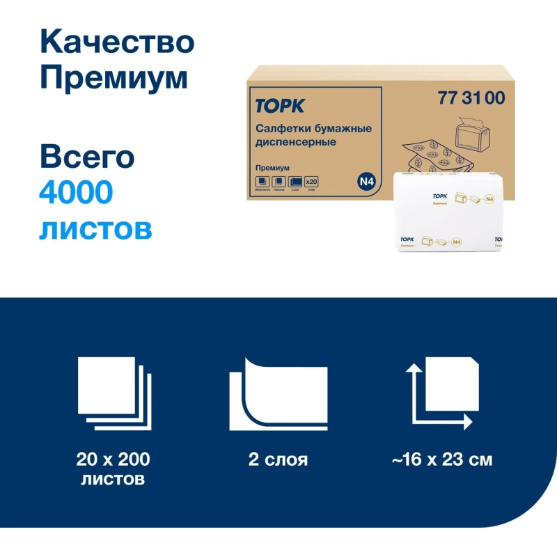 Салфетки бумажные д/дисп Торк Экспресснап Прем 2слN4 200л20пач/уп,цел773100